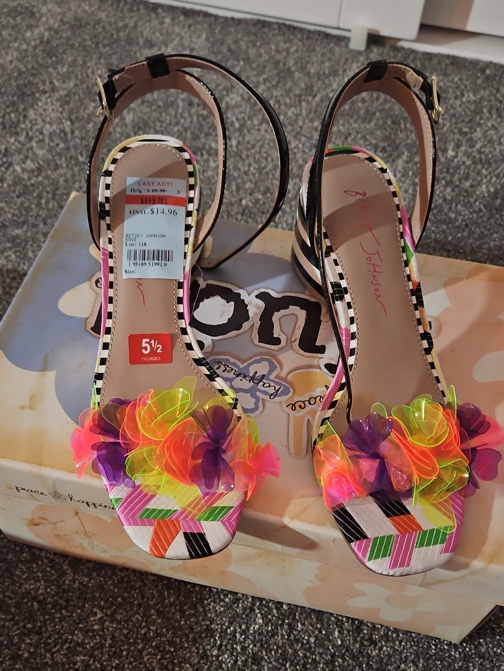 Betsey Johnson Neon Floral Strappy Sandals - Pink, Orange, Yellow, Purple